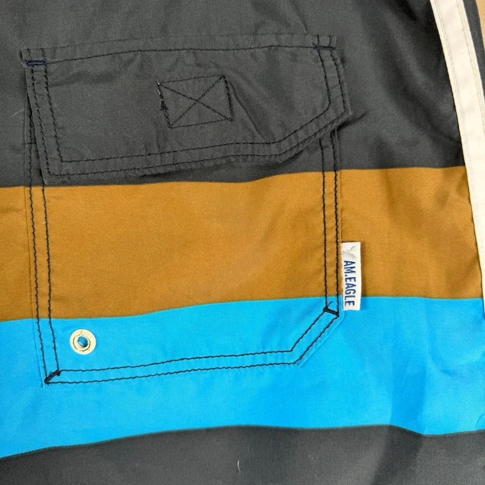 American Eagle Men‎ 38 Striped Board Shorts Colorblock Blk Blue Brown White Swim